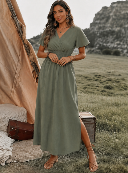 Dames Maxi Jurk met V-hals, Overslag en Elastische Taille met Zijsplit
