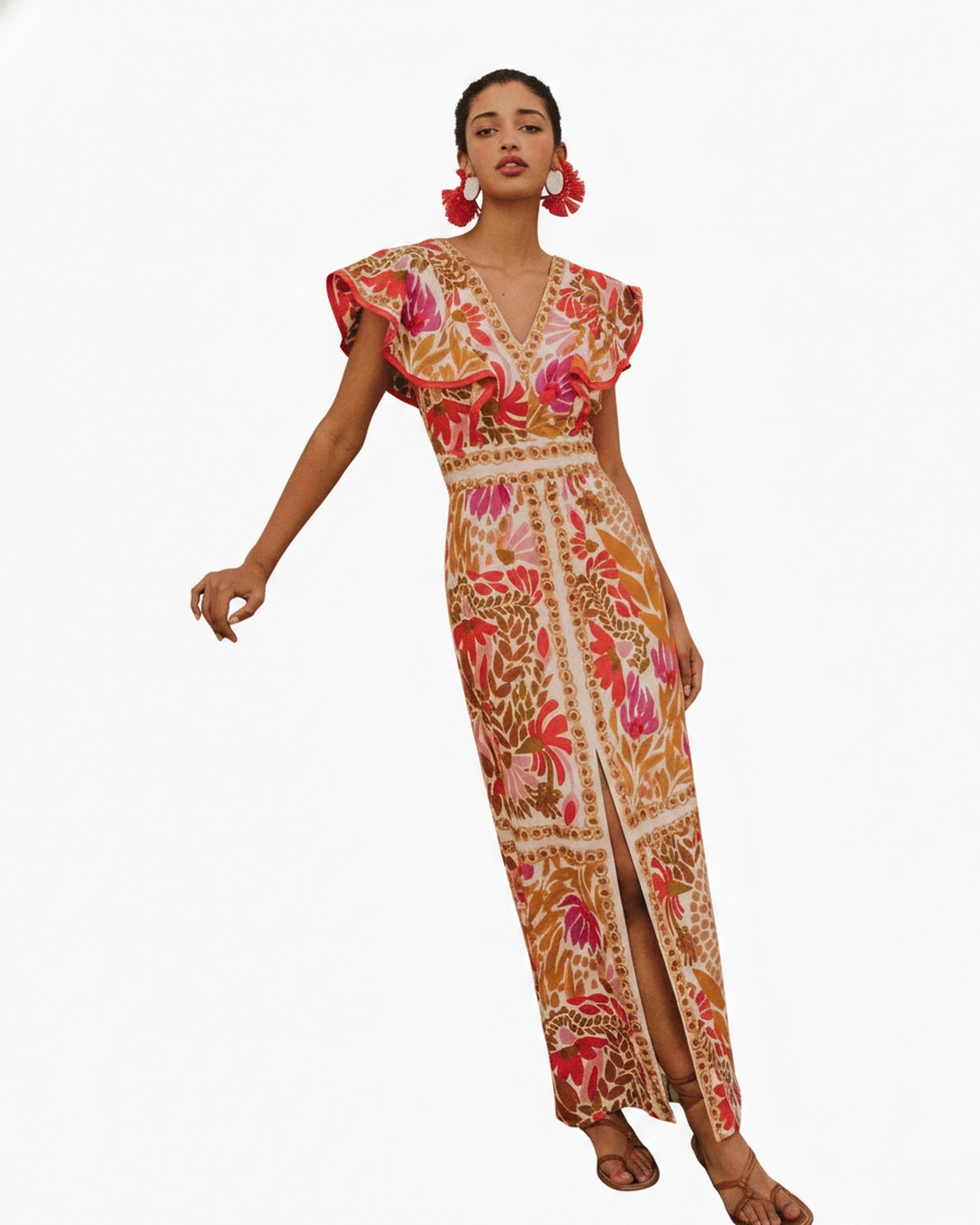 Dames Maxi Jurk met V-hals, Ruches en Bloemenprint en Voorste Split