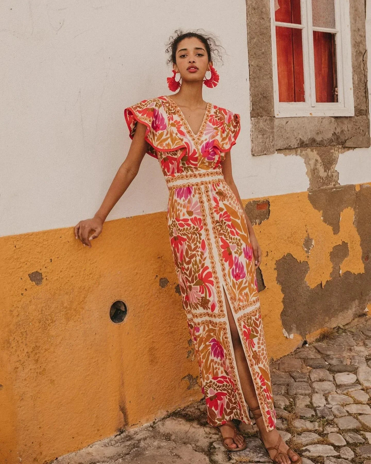 Dames Maxi Jurk met V-hals, Ruches en Bloemenprint en Voorste Split