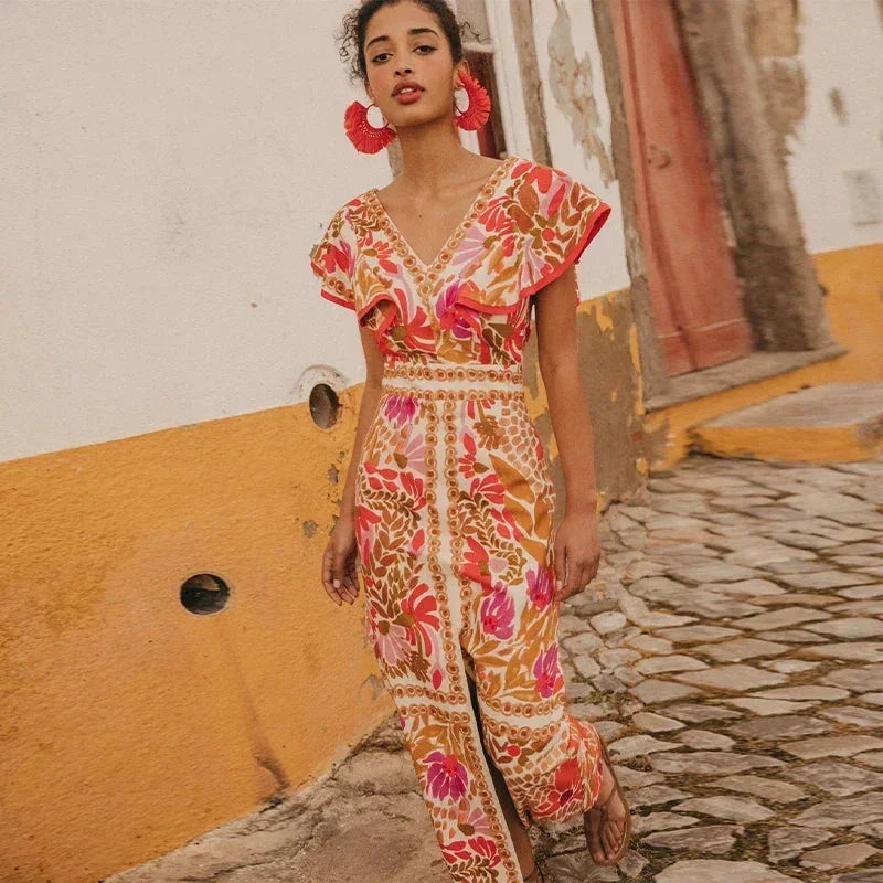 Dames Maxi Jurk met V-hals, Ruches en Bloemenprint en Voorste Split