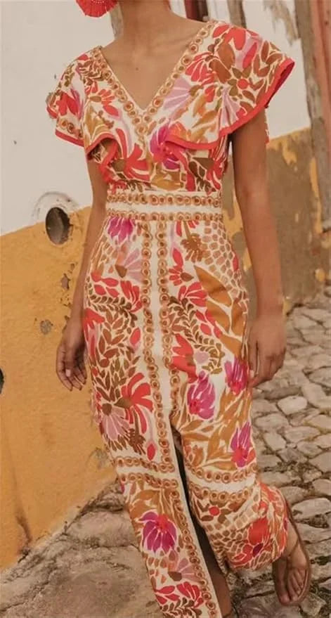 Dames Maxi Jurk met V-hals, Ruches en Bloemenprint en Voorste Split