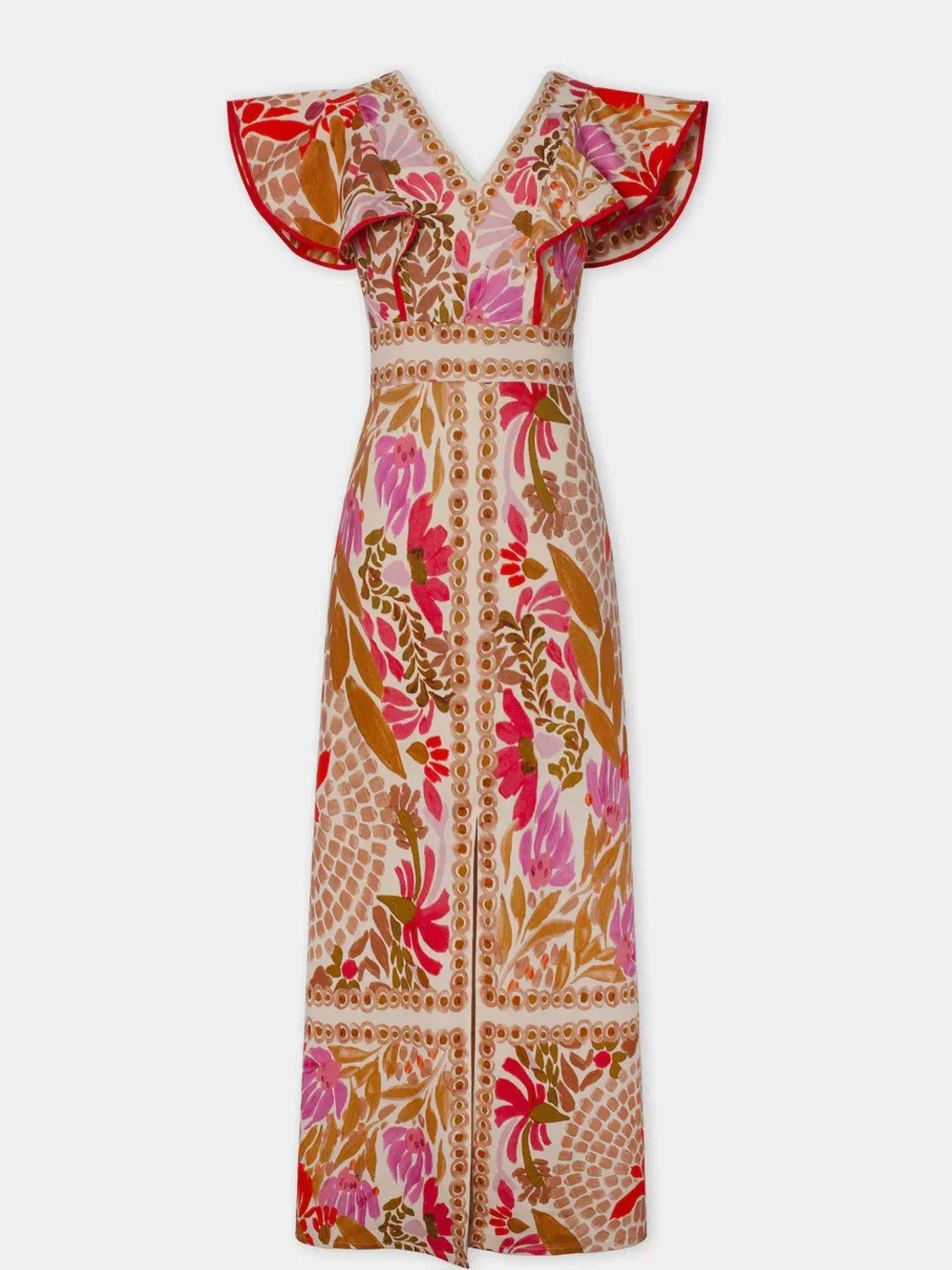 Dames Maxi Jurk met V-hals, Ruches en Bloemenprint en Voorste Split