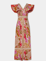 Dames Maxi Jurk met V-hals, Ruches en Bloemenprint en Voorste Split