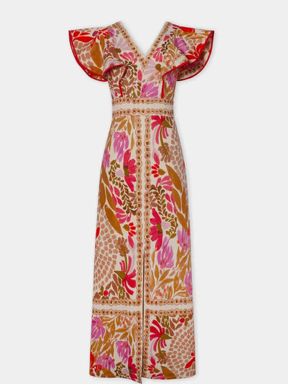 Dames Maxi Jurk met V-hals, Ruches en Bloemenprint en Voorste Split