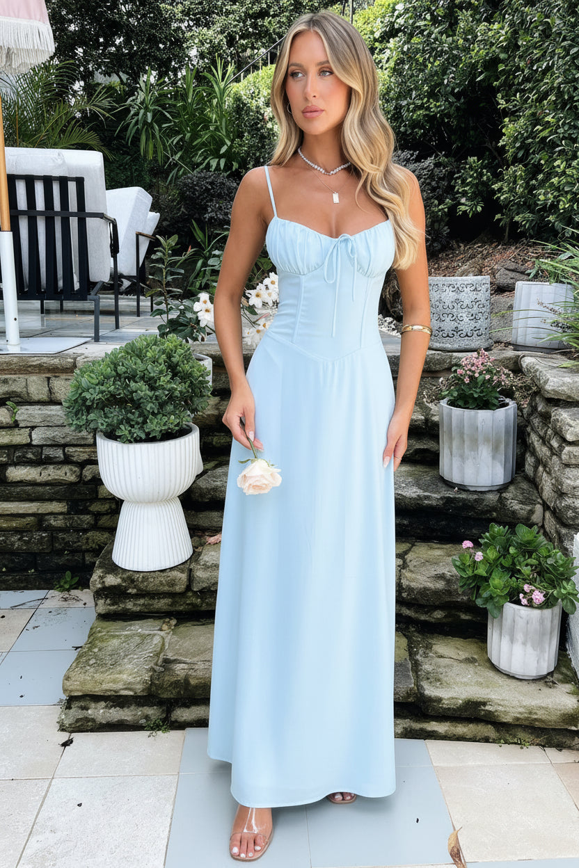 Dames Maxi Jurk Mouwloos met Corset Bodice, Sweetheart Hals en Spaghetti Bandjes Lichtblauw