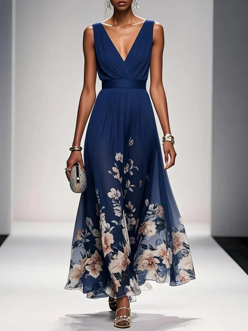 Dames Maxi Jurk Mouwloos met Diepe V-hals en Bloemenprint A-lijn Marineblauw