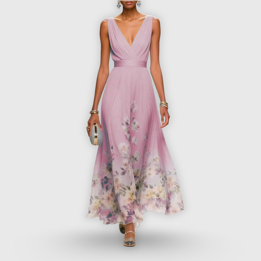 Dames Maxi Jurk Mouwloos met Diepe V-hals en Bloemenprint A-lijn Roze
