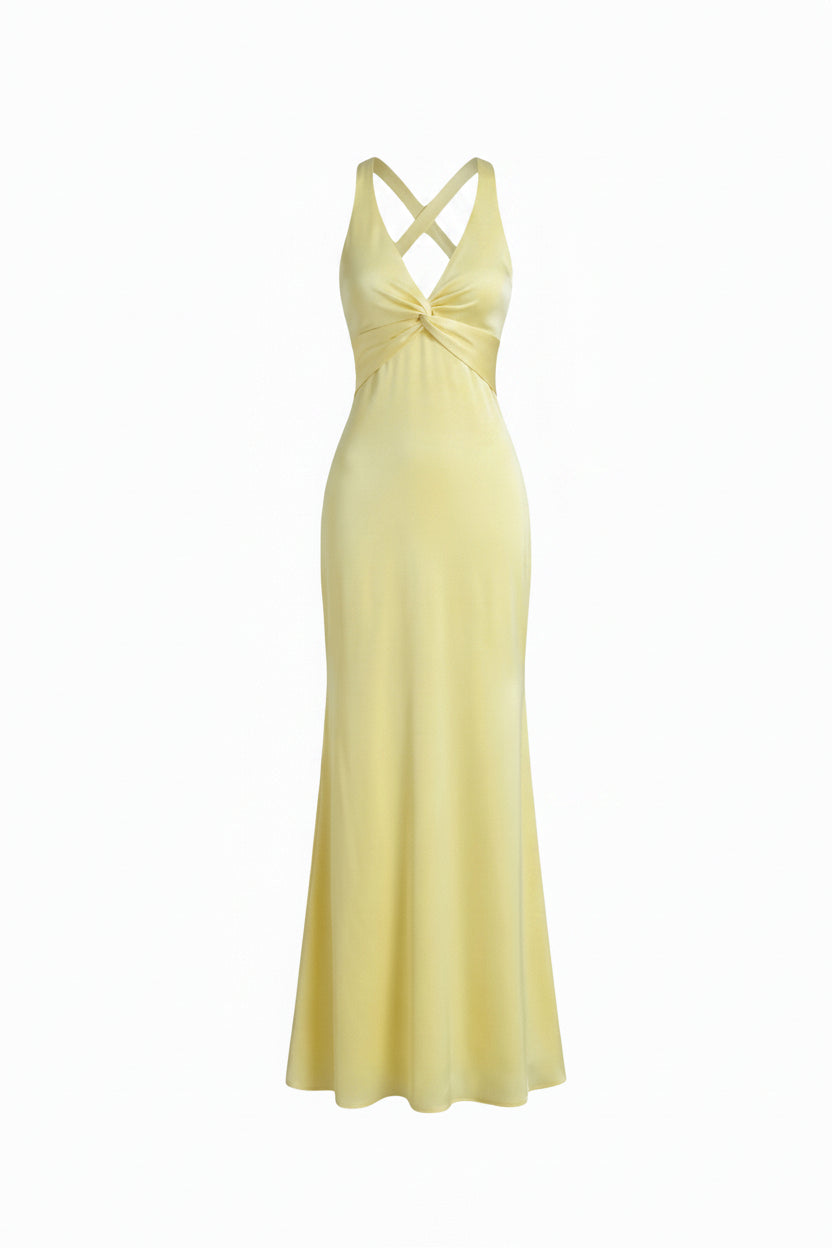 Dames Maxi Jurk Mouwloos met Diepe V-hals, Geknoopt Detail en Open Rug