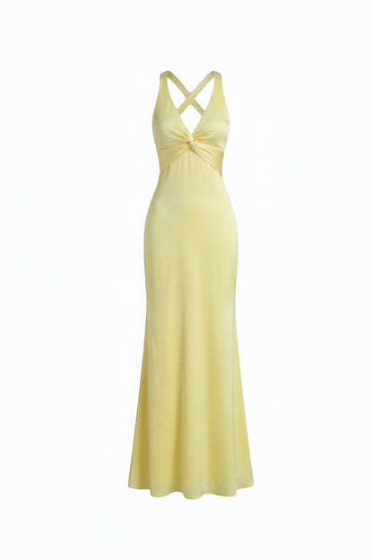 Dames Maxi Jurk Mouwloos met Diepe V-hals, Geknoopt Detail en Open Rug