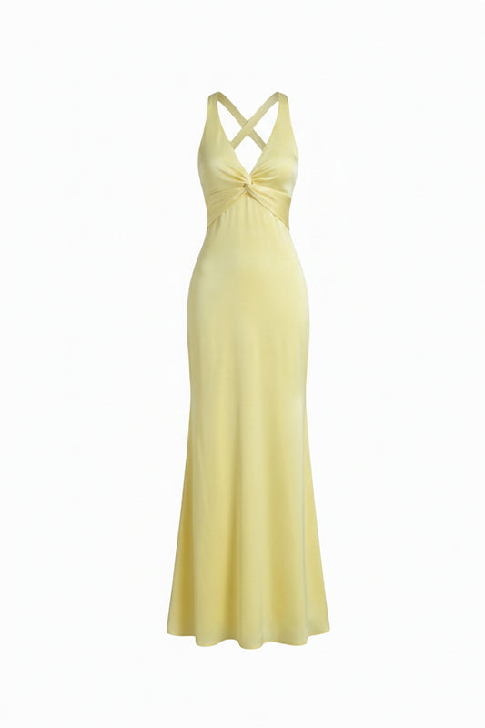 Dames Maxi Jurk Mouwloos met Diepe V-hals, Geknoopt Detail en Open Rug