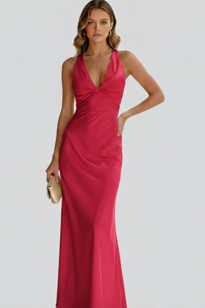 Dames Maxi Jurk Mouwloos met Diepe V-hals, Geknoopt Detail en Open Rug Rood