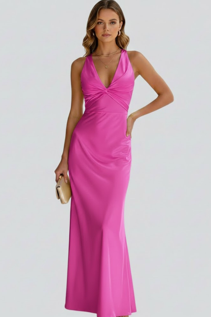Dames Maxi Jurk Mouwloos met Diepe V-hals, Geknoopt Detail en Open Rug Roze