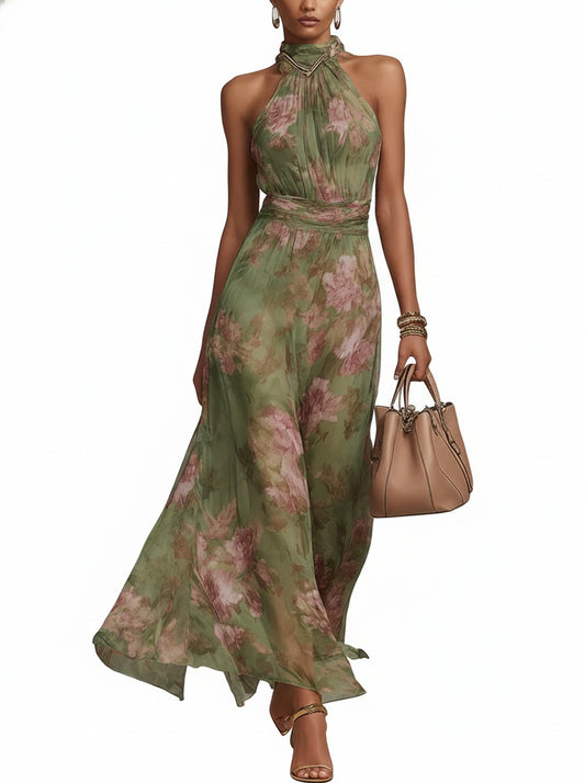 Dames Maxi Jurk Mouwloos met Halter Hals en Bloemenprint