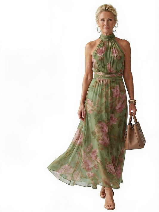 Dames Maxi Jurk Mouwloos met Halternek en Bloemenprint