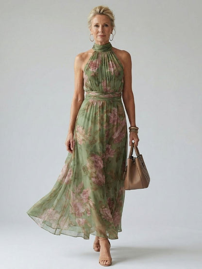 Dames Maxi Jurk Mouwloos met Halternek en Bloemenprint Groen