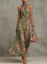 Dames Maxi Jurk Mouwloos met Halternek en Bloemenprint