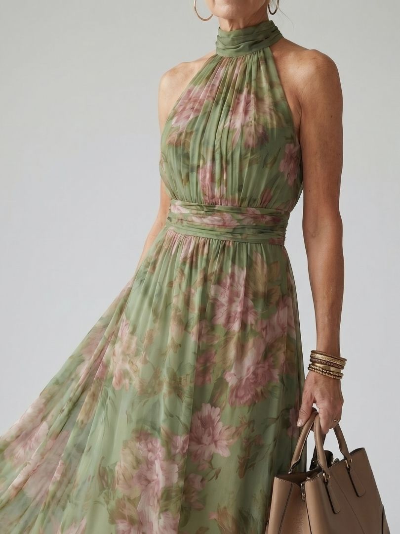 Dames Maxi Jurk Mouwloos met Halternek en Bloemenprint