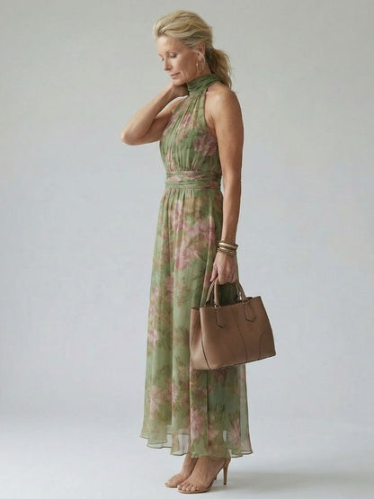 Dames Maxi Jurk Mouwloos met Halternek en Bloemenprint