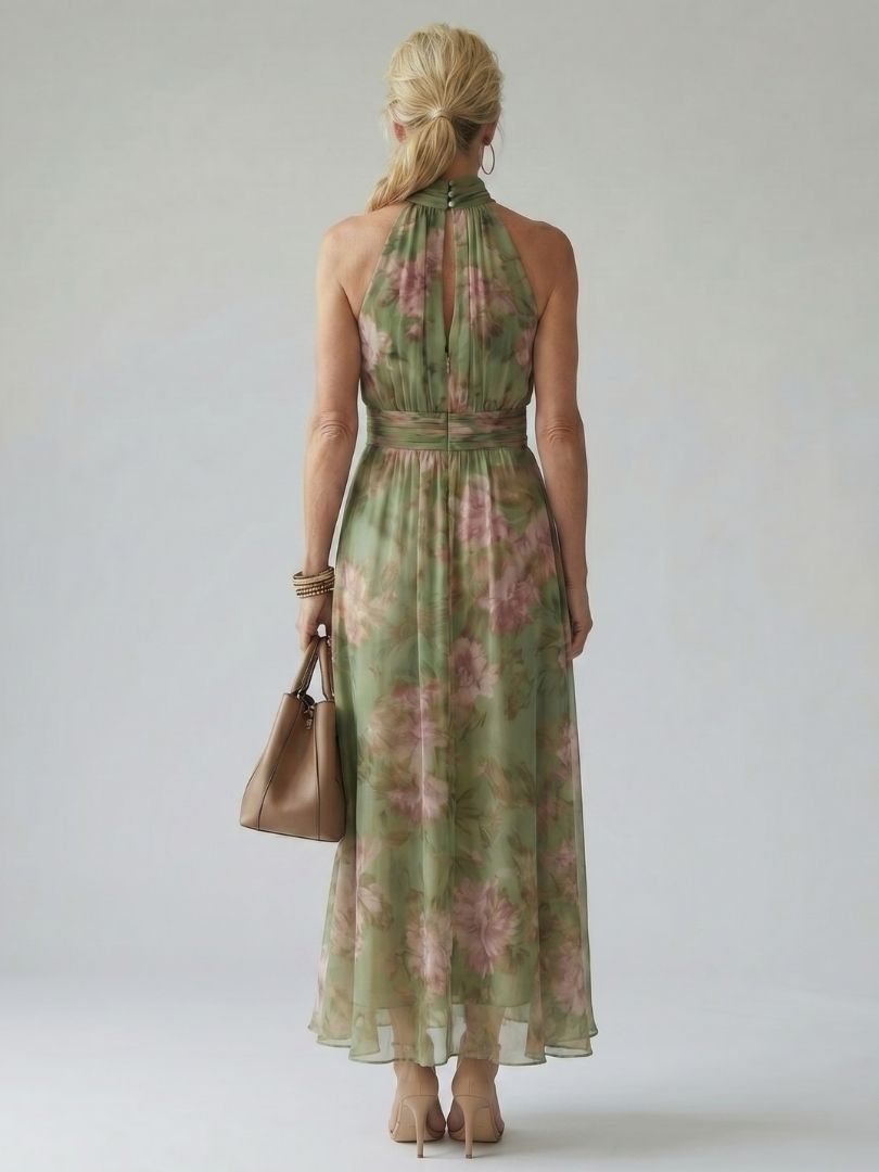 Dames Maxi Jurk Mouwloos met Halternek en Bloemenprint