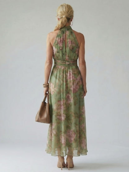 Dames Maxi Jurk Mouwloos met Halternek en Bloemenprint