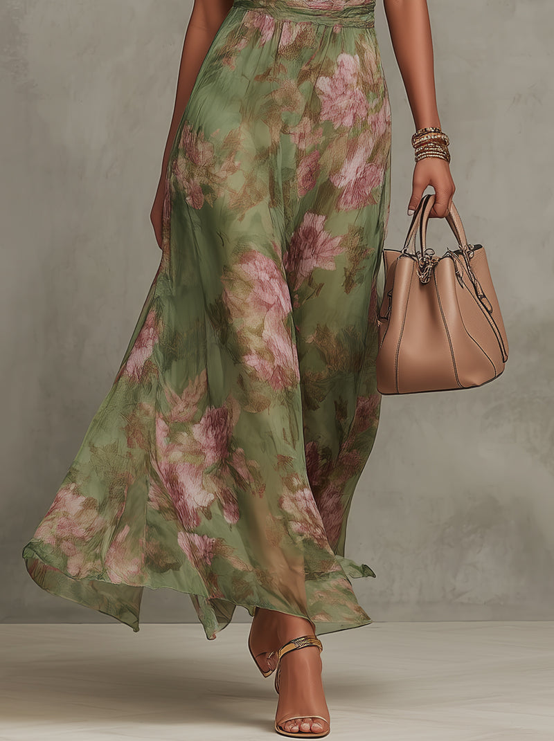 Dames Maxi Jurk Mouwloos met Halternek en Bloemenprint