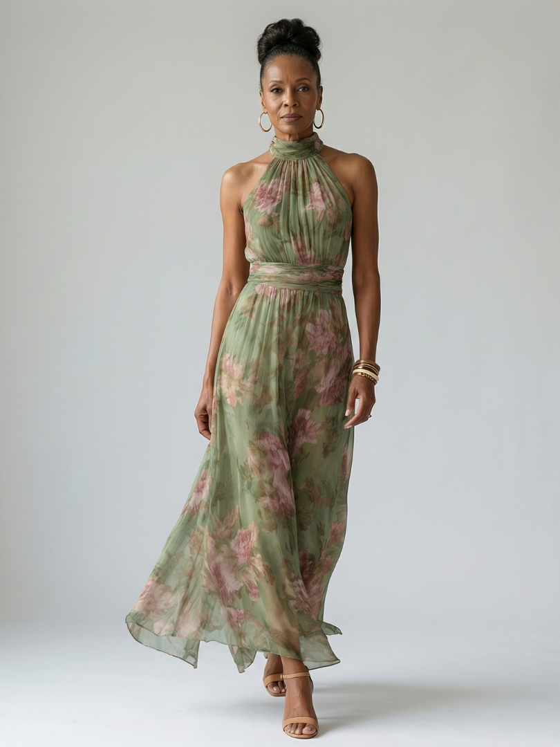 Dames Maxi Jurk Mouwloos met Halternek en Bloemenprint