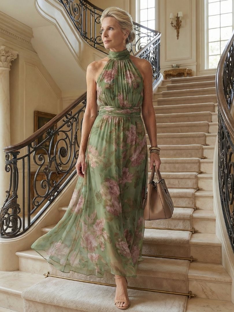 Dames Maxi Jurk Mouwloos met Halternek en Bloemenprint