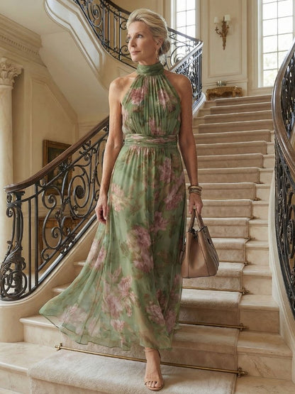Dames Maxi Jurk Mouwloos met Halternek en Bloemenprint