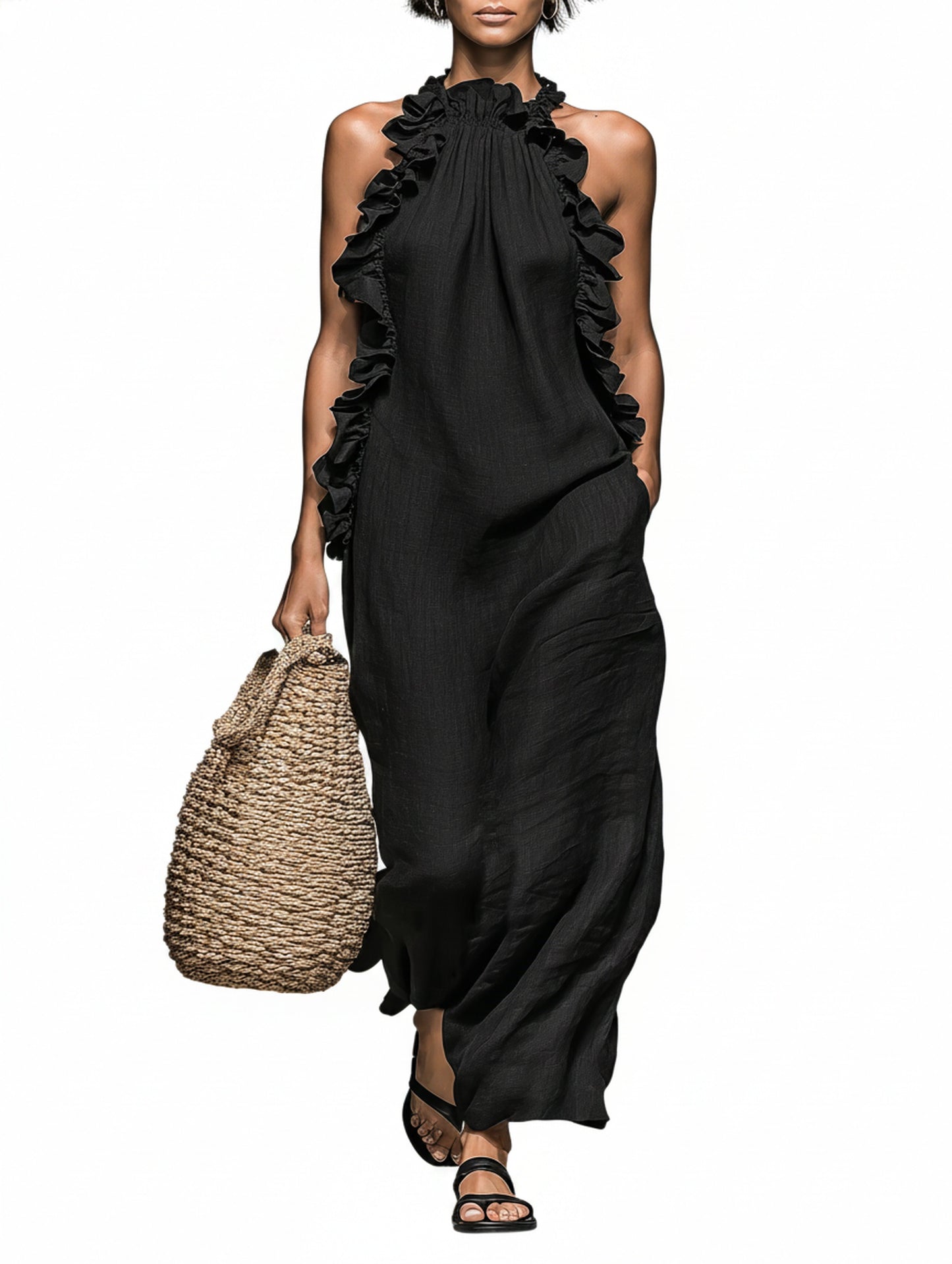 Dames Maxi Jurk Mouwloos met Halternek en Ruches Details
