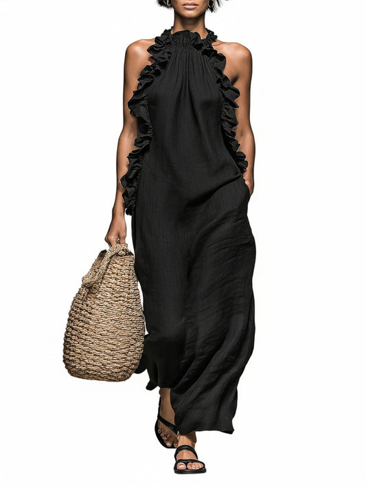 Dames Maxi Jurk Mouwloos met Halternek en Ruches Details
