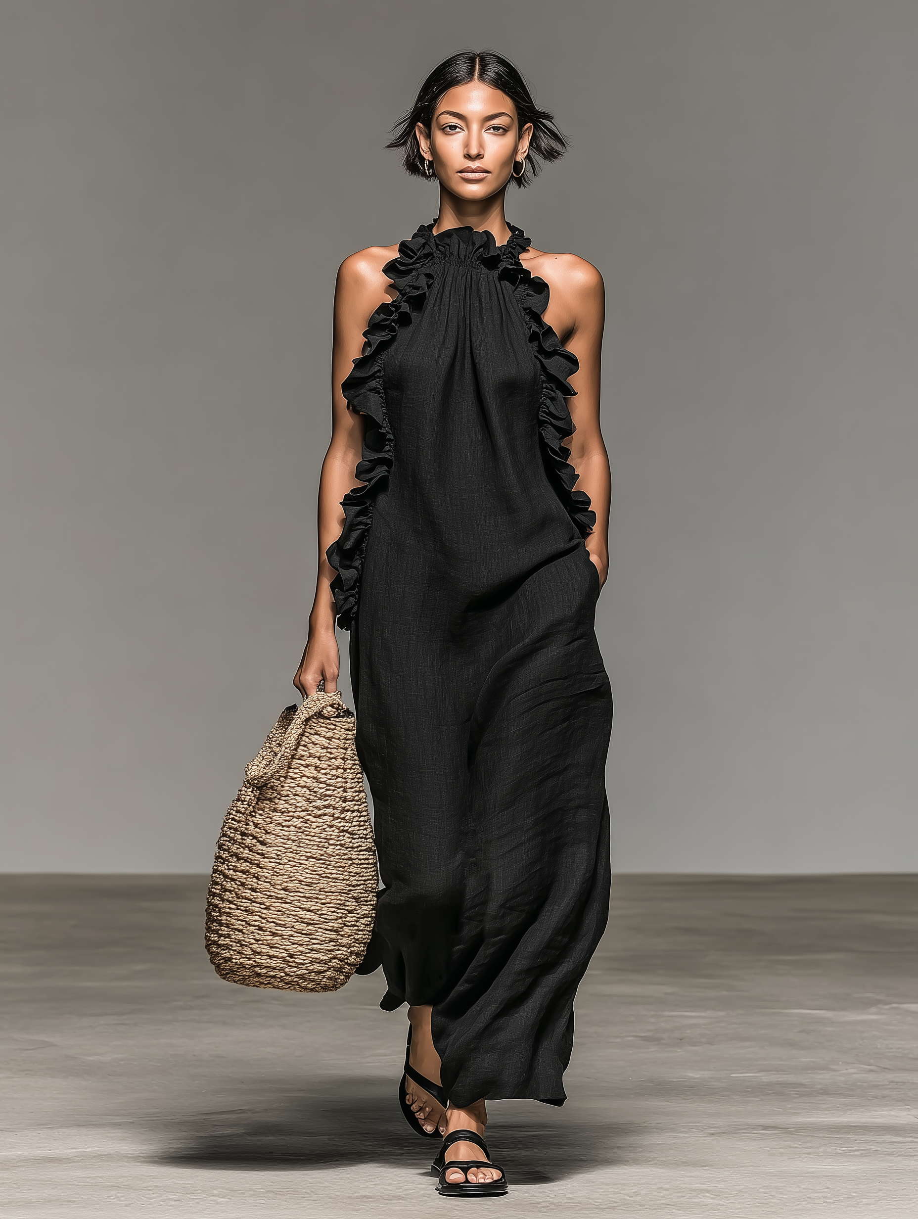Dames Maxi Jurk Mouwloos met Halternek en Ruches Details