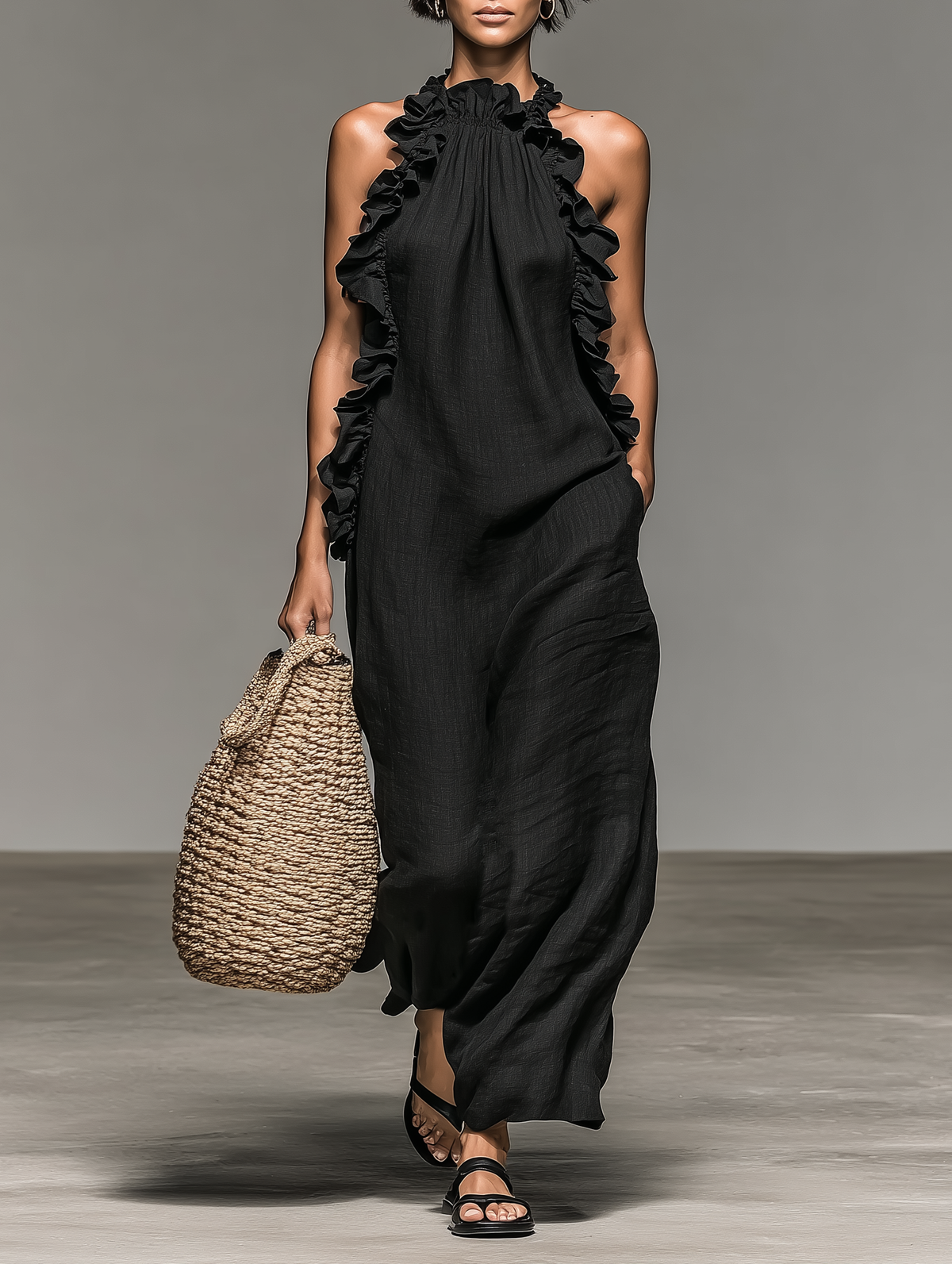 Dames Maxi Jurk Mouwloos met Halternek en Ruches Details Zwart