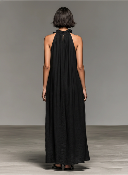 Dames Maxi Jurk Mouwloos met Halternek en Ruches Details