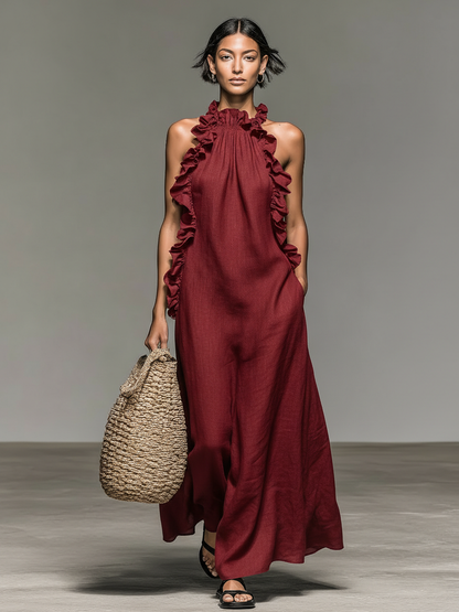 Dames Maxi Jurk Mouwloos met Halternek en Ruches Details Rood