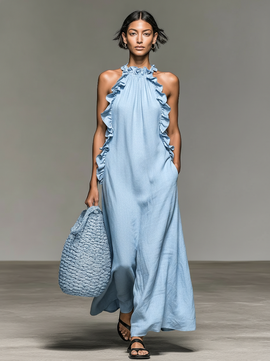 Dames Maxi Jurk Mouwloos met Halternek en Ruches Details Lichtblauw