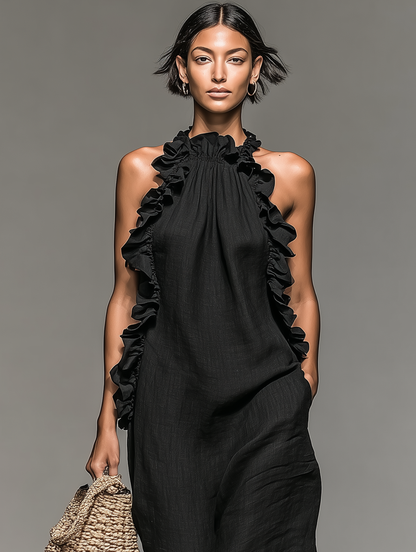 Dames Maxi Jurk Mouwloos met Halternek en Ruches Details