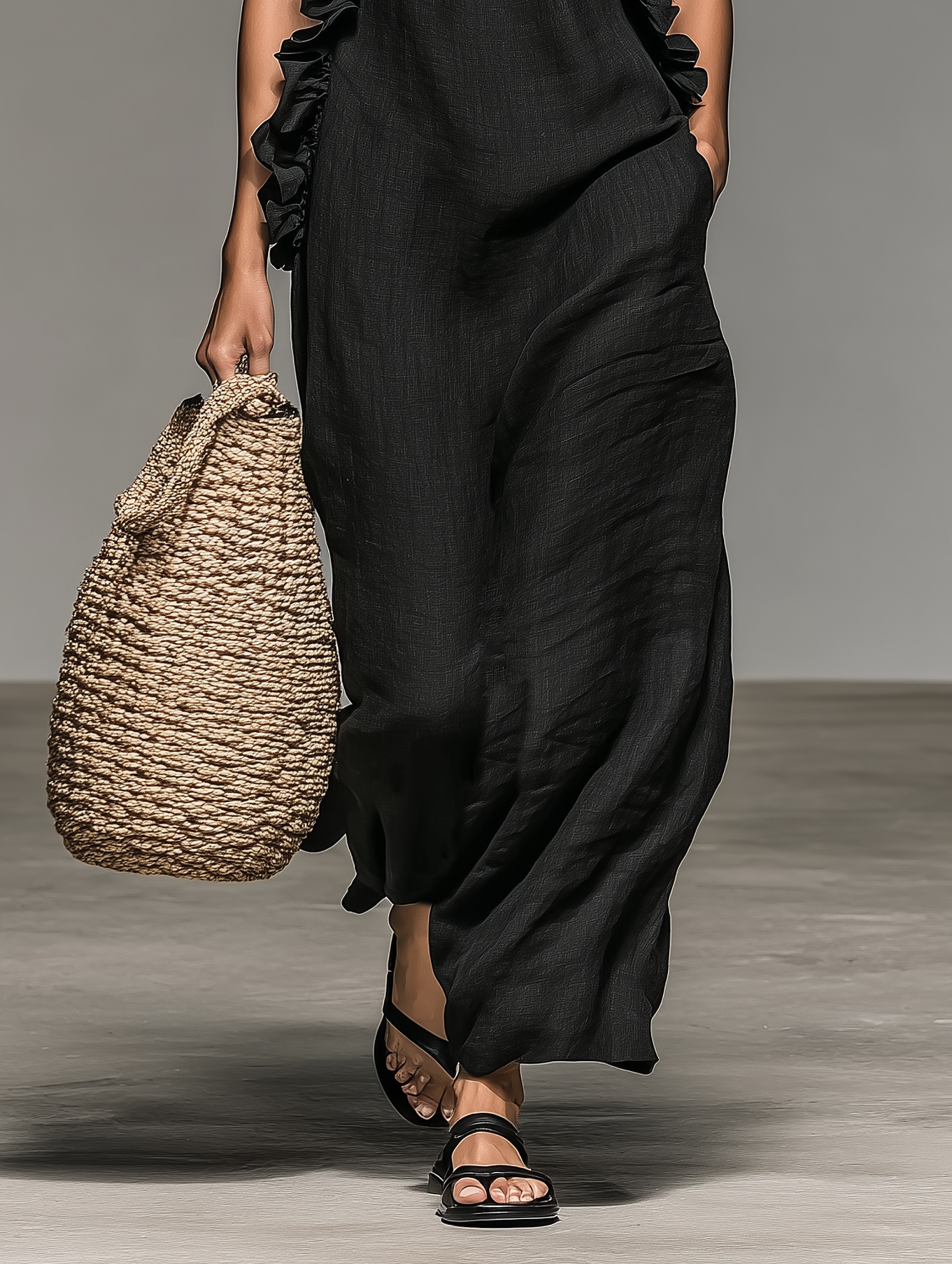 Dames Maxi Jurk Mouwloos met Halternek en Ruches Details