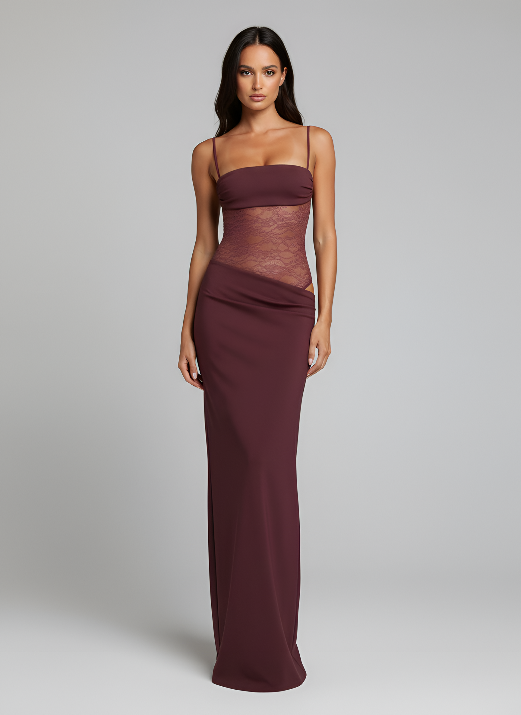 Dames Maxi Jurk Mouwloos met Kanten Corset en Verstelbare Bandjes Donkerrood