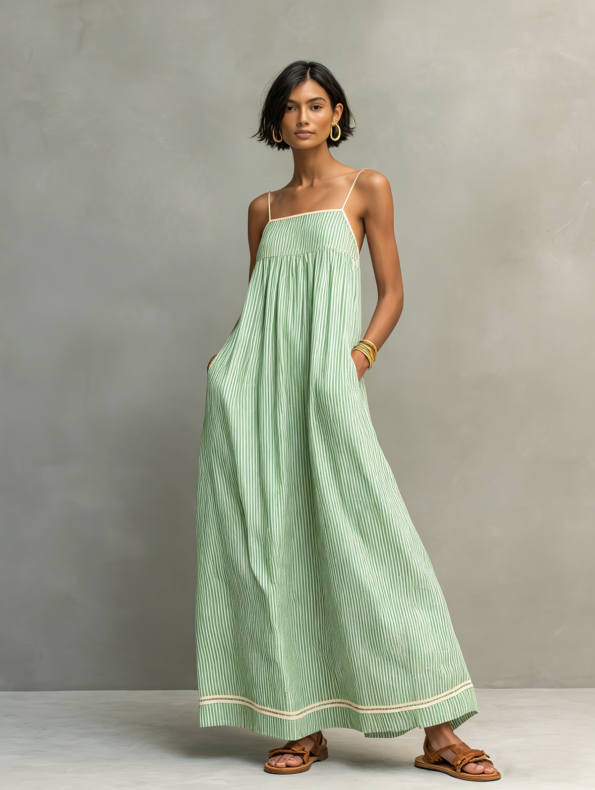 Dames Maxi Jurk Mouwloos met Spaghettibandjes, Streepprint en Vierkante Hals Groen