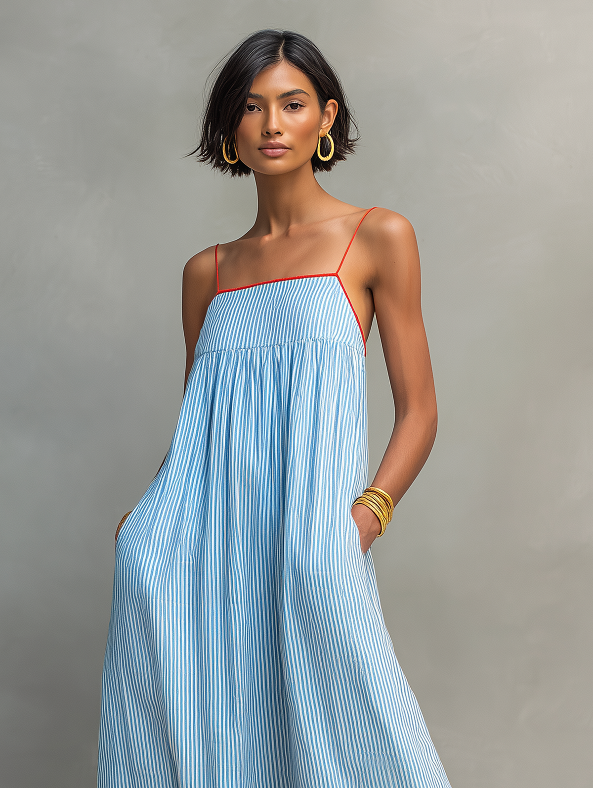 Dames Maxi Jurk Mouwloos met Spaghettibandjes, Streepprint en Vierkante Hals