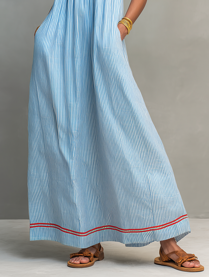 Dames Maxi Jurk Mouwloos met Spaghettibandjes, Streepprint en Vierkante Hals