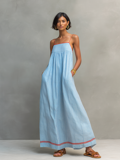 Dames Maxi Jurk Mouwloos met Spaghettibandjes, Streepprint en Vierkante Hals