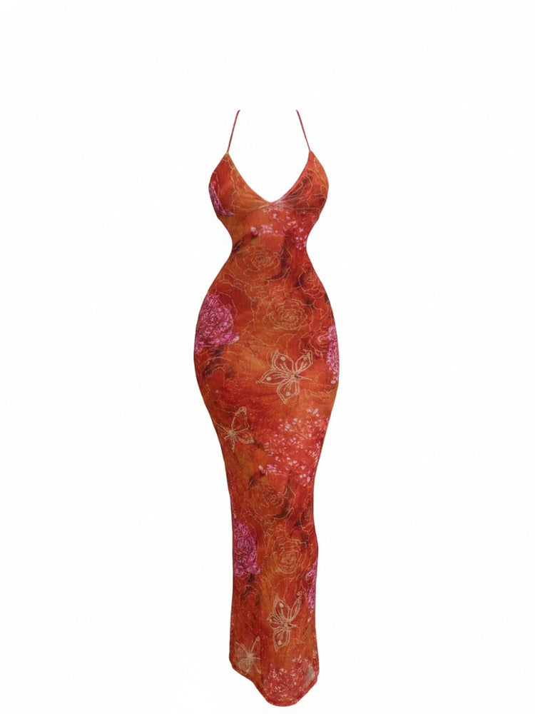 Dames Maxi Jurk Mouwloos met V-hals, Bloemen en Vlinderprint en Zijdelingse Uitsnijdingen