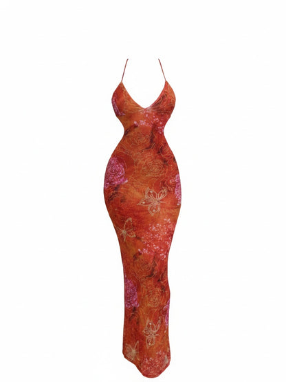 Dames Maxi Jurk Mouwloos met V-hals, Bloemen en Vlinderprint en Zijdelingse Uitsnijdingen