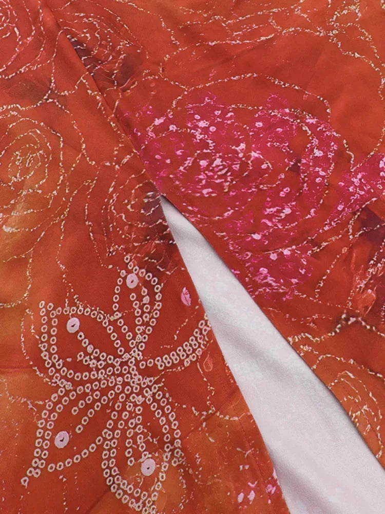 Dames Maxi Jurk Mouwloos met V-hals, Bloemen en Vlinderprint en Zijdelingse Uitsnijdingen