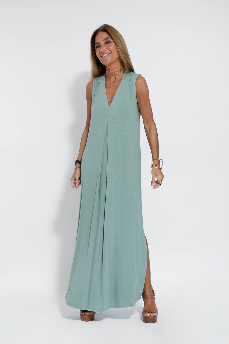 Dames Maxi Jurk Mouwloos met V-hals en Zijsplit Lichtgroen