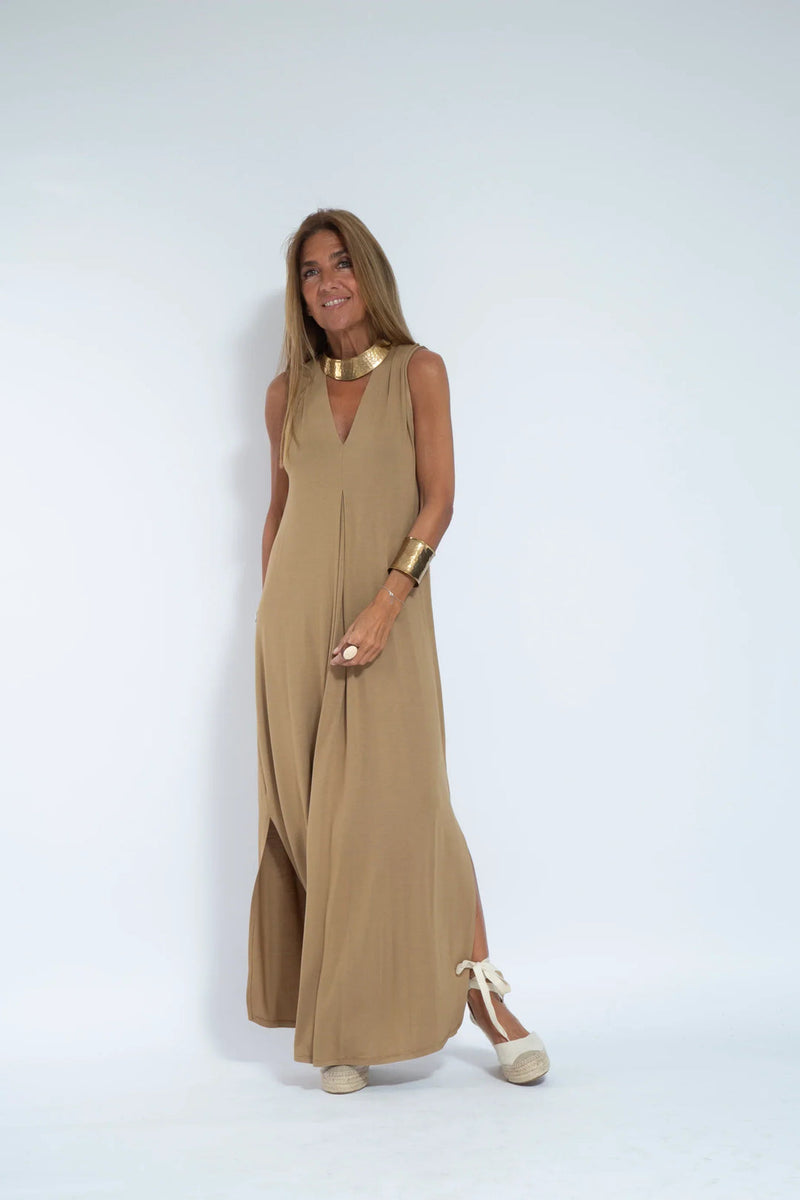Dames Maxi Jurk Mouwloos met V-hals en Zijsplit Beige