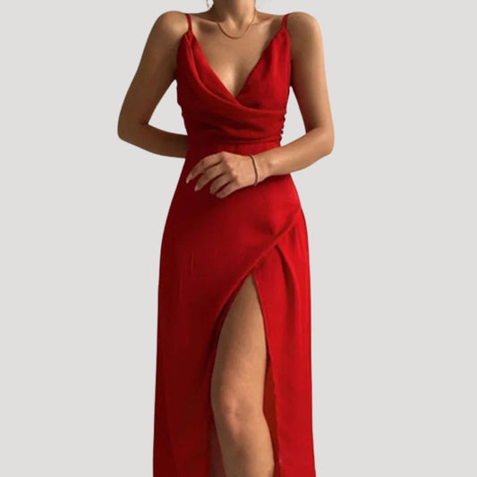 Dames Maxi Jurk Mouwloos met V-hals en Zijsplit voor Bruiloften Rood