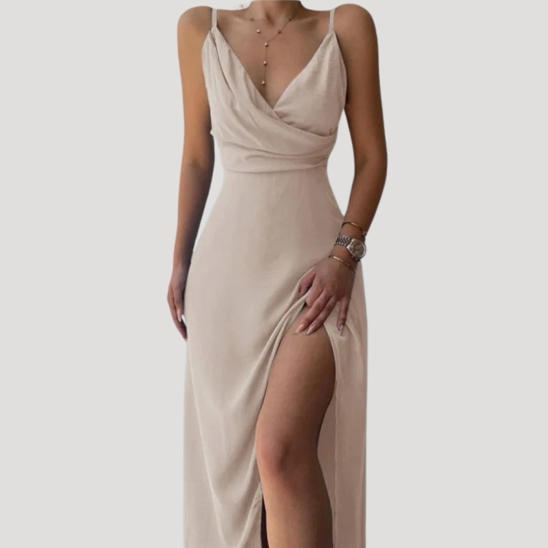Dames Maxi Jurk Mouwloos met V-hals en Zijsplit voor Bruiloften Beige