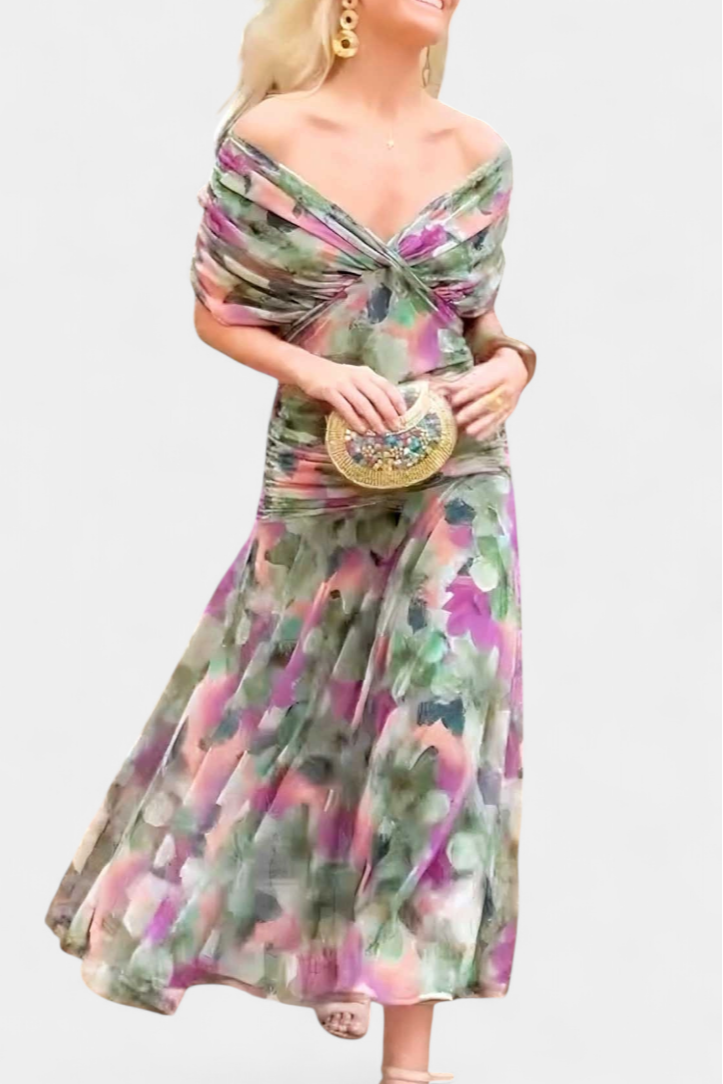 Dames Maxi Jurk Off-Shoulder met Plooien en V-hals